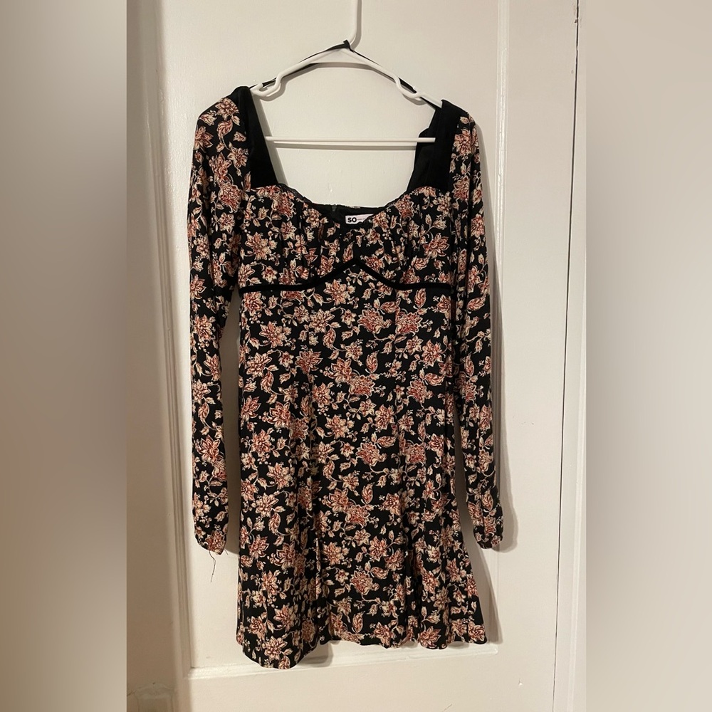 Floral Black and Pink Long Sleeve Dress